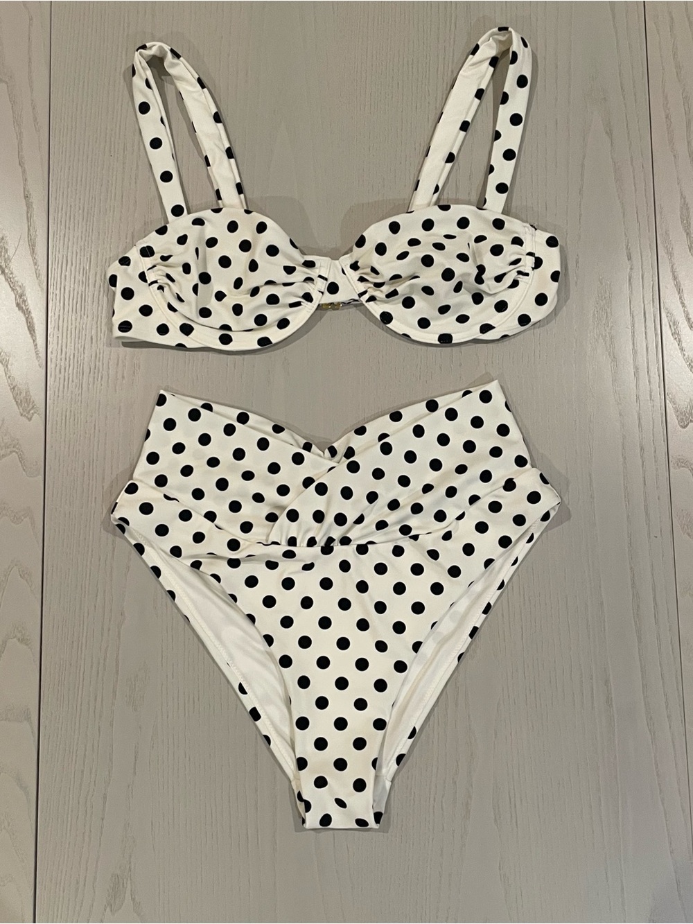 Caroline Constas Polka Dot Balconette Bikini Set (Ivory/Black) - Size Medium